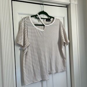 Fab’rik striped Tshirt women’s size large asymmetrical, cut out neck detail